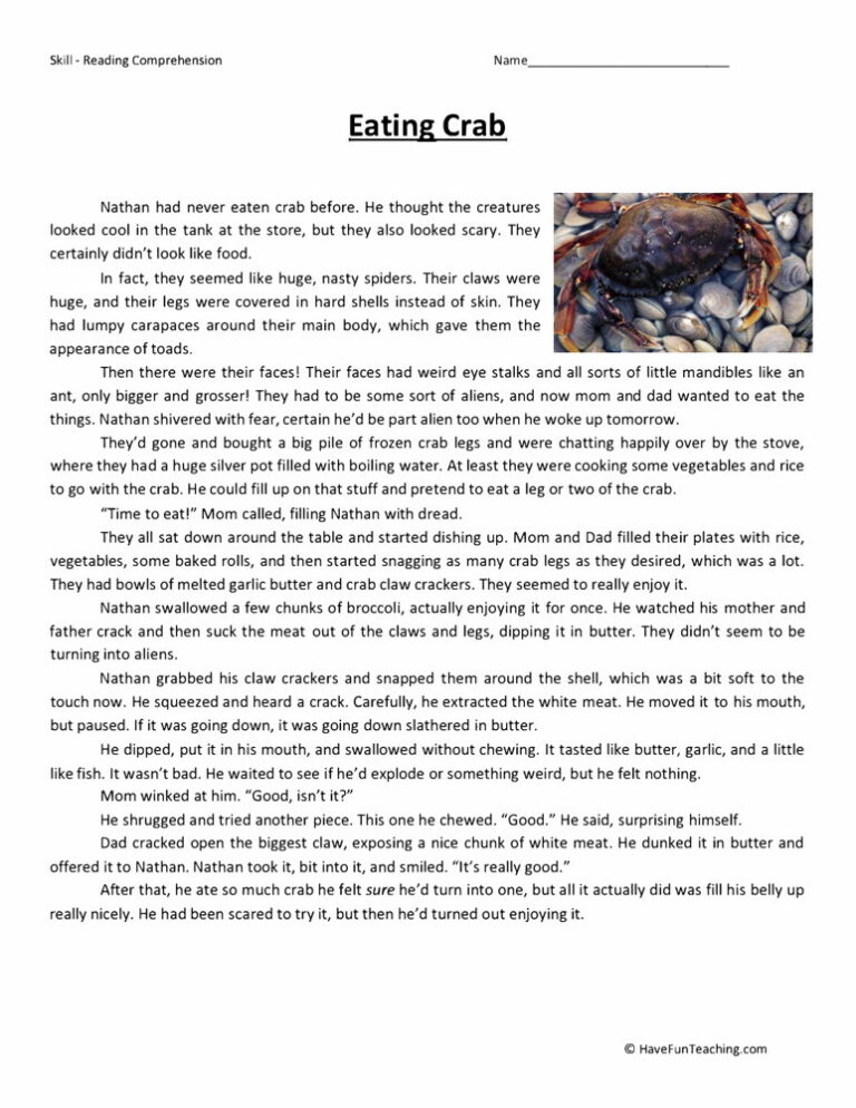 Eating Crab Reading Comprehension Worksheet
