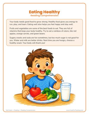 Eating Healthy reading comprehension worksheet for 2nd grade with a passage and a picture of a child eating healthy food