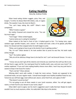 Eating Healthy - Reading Comprehension Worksheet