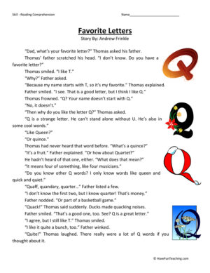Favorite Letter - Reading Comprehension Worksheet
