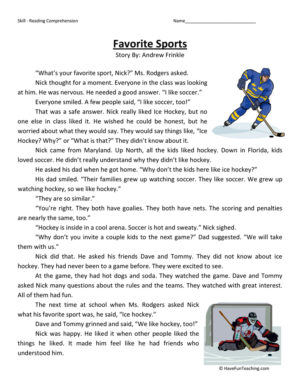 Favorite Sports - Reading Comprehension Worksheet