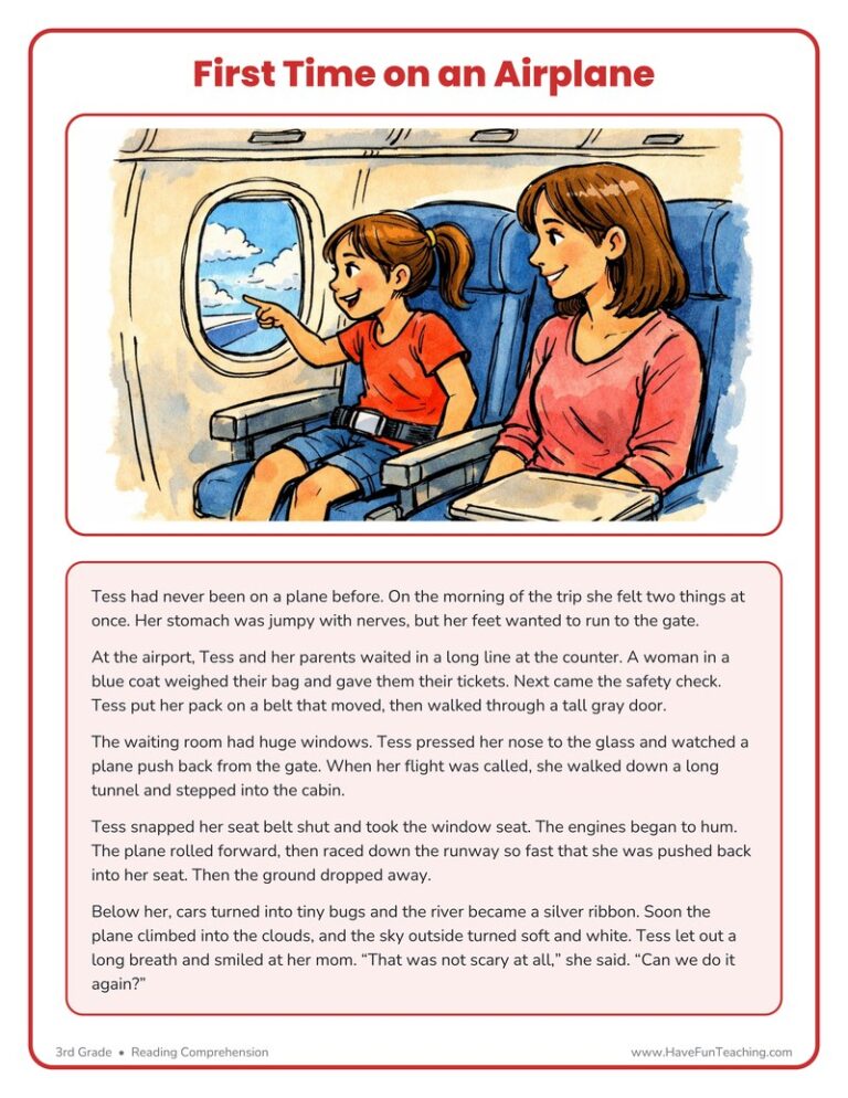 First Time on a Plane - Reading Comprehension Worksheet