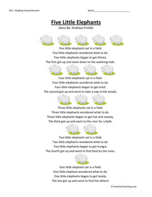 Five Little Elephants - Reading Comprehension Worksheet