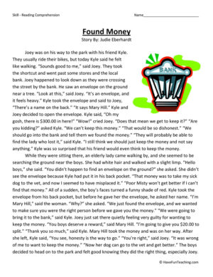 Found Money - Reading Comprehension Worksheet