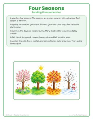 Four Seasons reading comprehension worksheet for 1st grade showing a colorful four-seasons tree scene