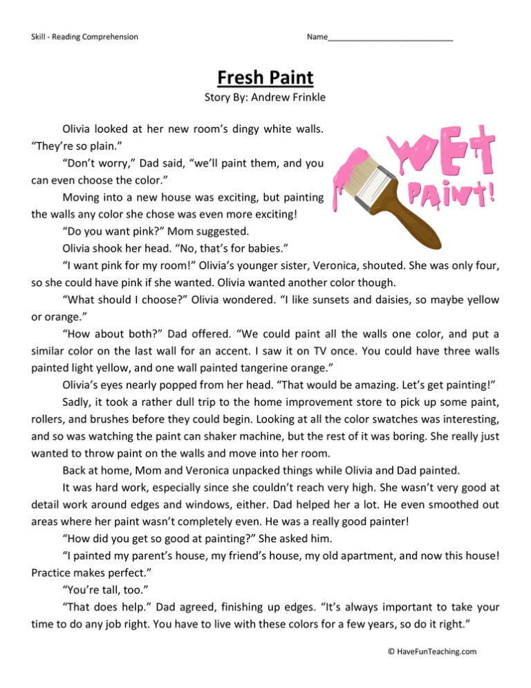 Fresh Paint Reading Comprehension Worksheet