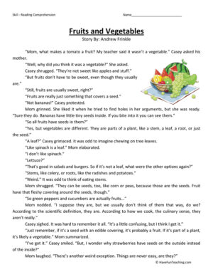 Fruits and Vegetables - Reading Comprehension Worksheet