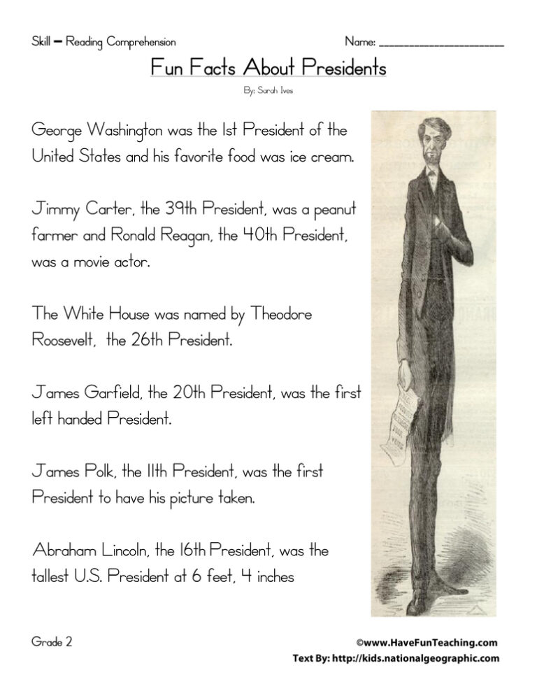 Fun Facts About Presidents - Reading Comprehension Worksheet