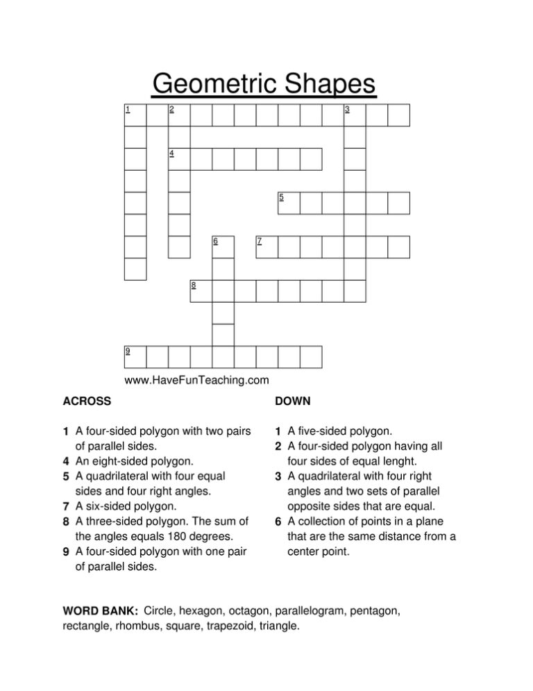 Geometric Shapes Crossword Puzzle