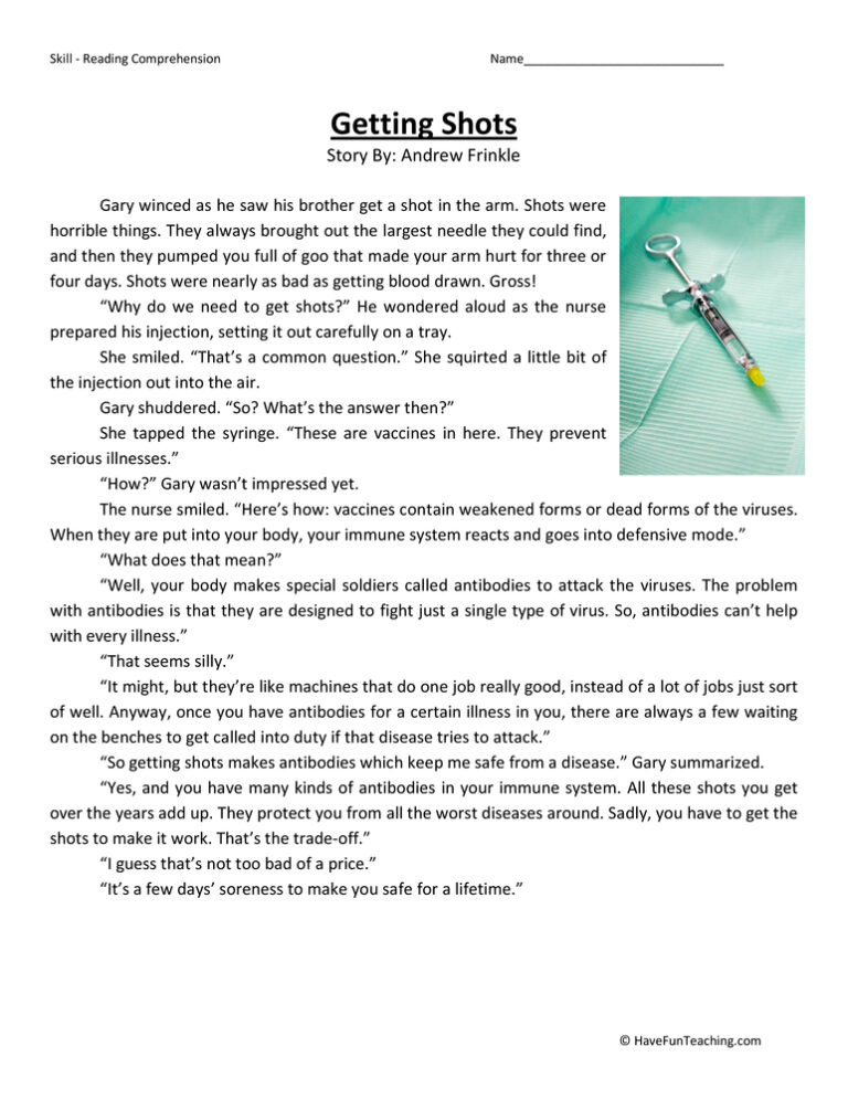 Getting Shots - Reading Comprehension Worksheet