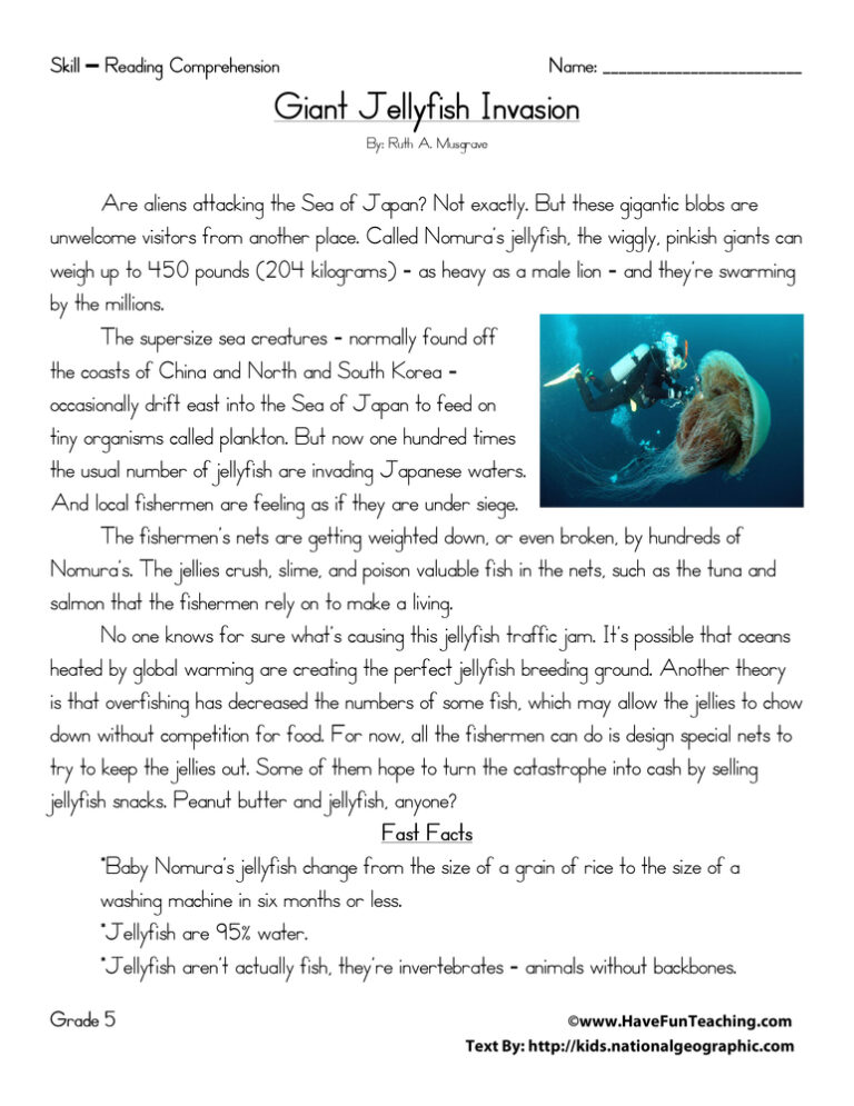 Giant Jellyfish Invasion - Reading Comprehension Worksheet