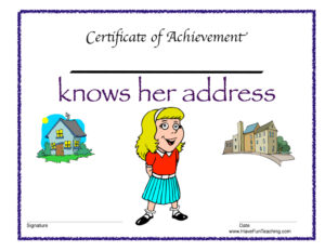 Knows Her Address Reward Certificate for Girls