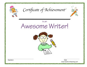 Awesome Writer Reward Certificate for Girls