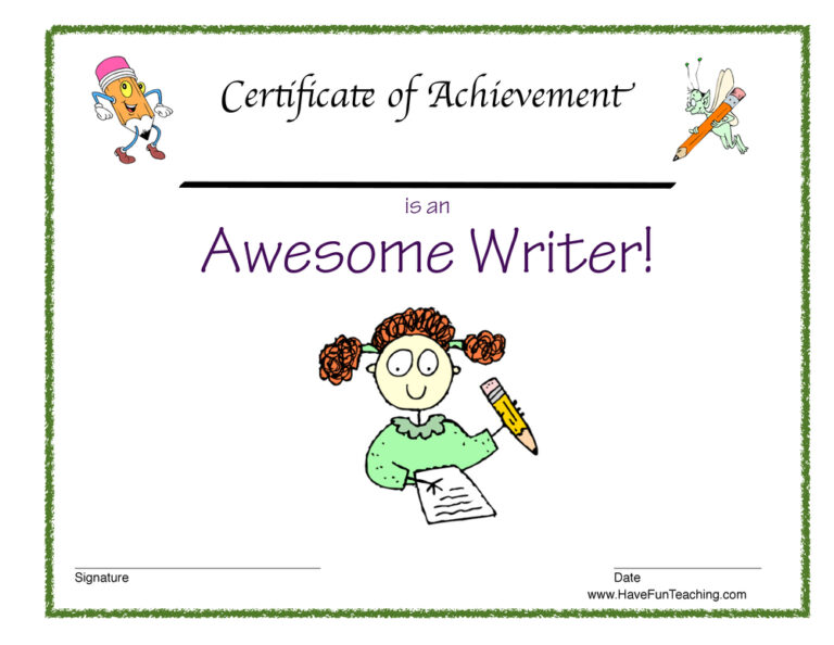 Awesome Writer Reward Certificate for Girls