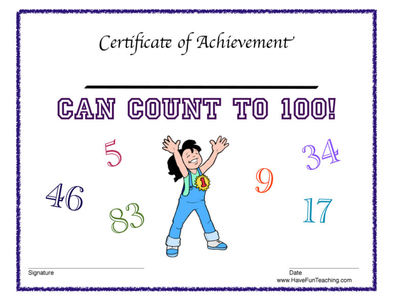 Count to 100 Reward Certificate for Girls