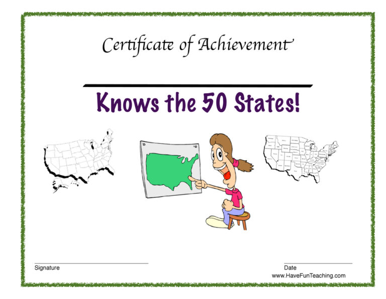 Knows the 50 States Reward Certificate for Girls