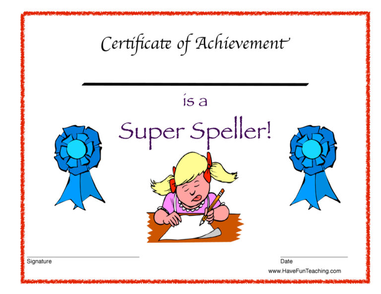 Super Speller Reward Certificate for Girls