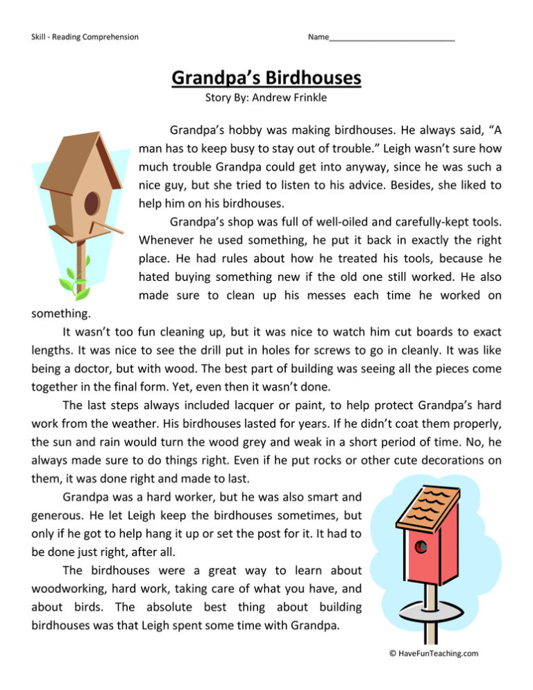 Grandpa's Birdhouses - Reading Comprehension Worksheet