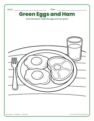 Green Eggs and Ham coloring page showing a plate of fried eggs and ham with a fork and juice for children to color.
