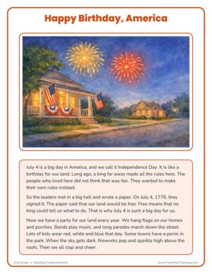 2nd Grade Fourth of July reading comprehension worksheet page 1 with passage and illustration