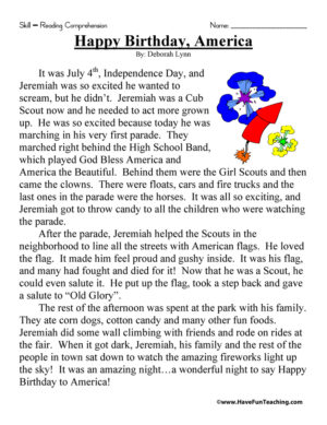 Happy Birthday America - Reading Comprehension Worksheet