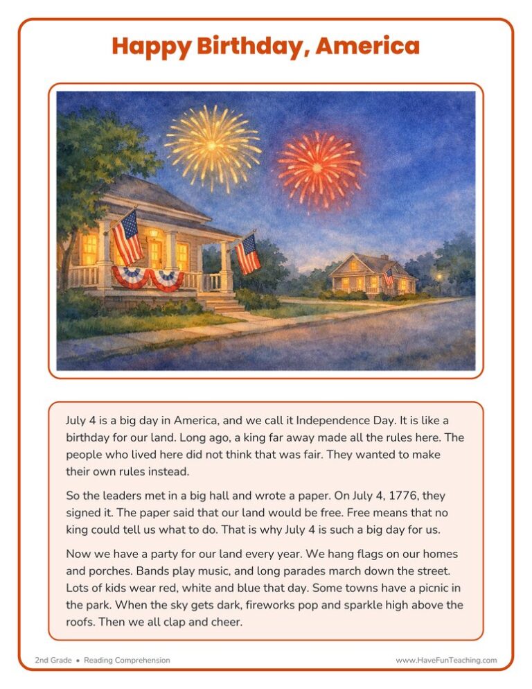 Happy Birthday America - Reading Comprehension Worksheet