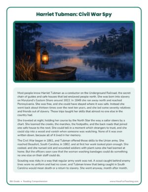 Harriet Tubman Civil War Spy reading comprehension worksheet for 6th Grade showing the two-page story page 1 with a dusk river scene