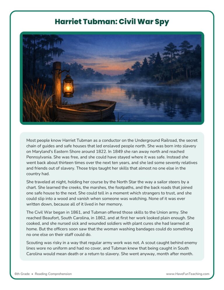 Harriet Tubman: Civil War Spy - Reading Comprehension Worksheet