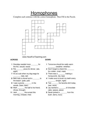 Homophones Crossword Puzzle