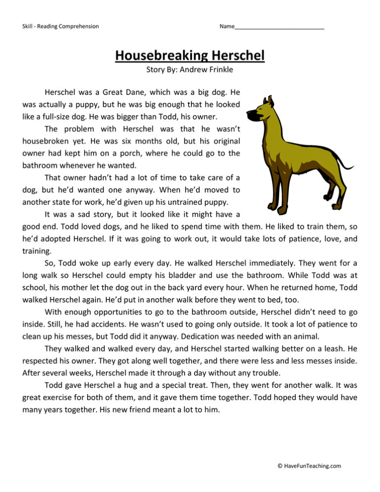 Housebreaking Herschel Reading Comprehension Worksheet