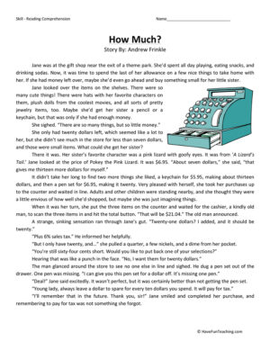 How Much? Reading Comprehension Worksheet