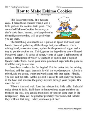 How to Make Eskimo Cookies Reading Comprehension Worksheet