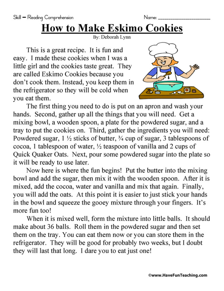 How to Make Eskimo Cookies Reading Comprehension Worksheet