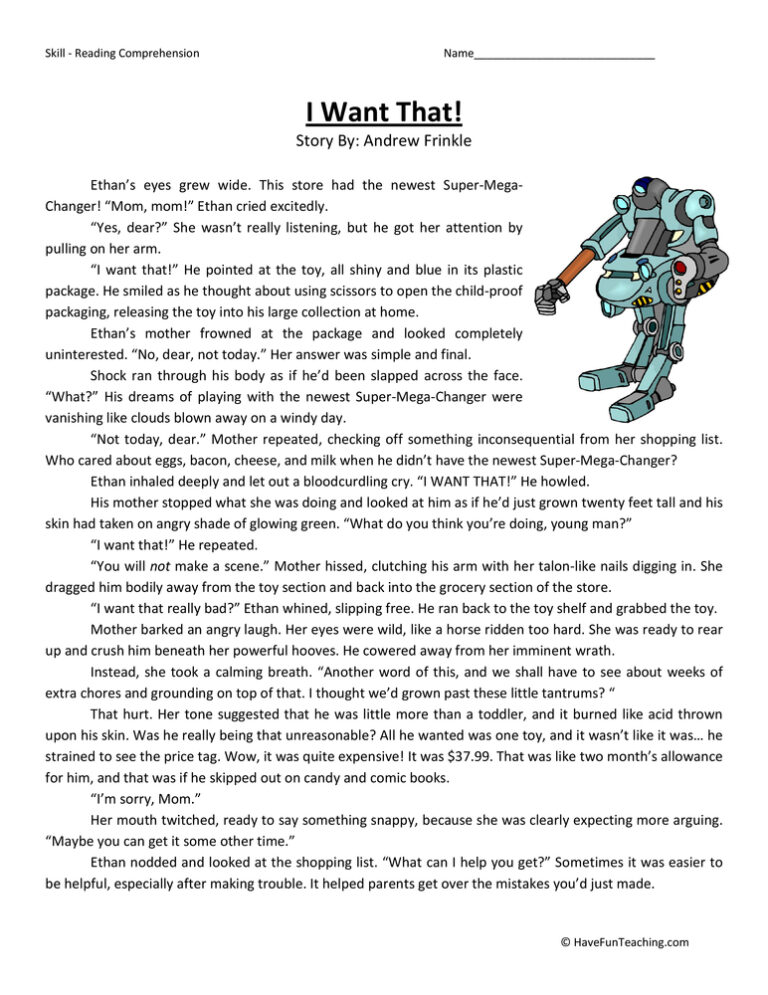 I Want That Reading Comprehension Worksheet