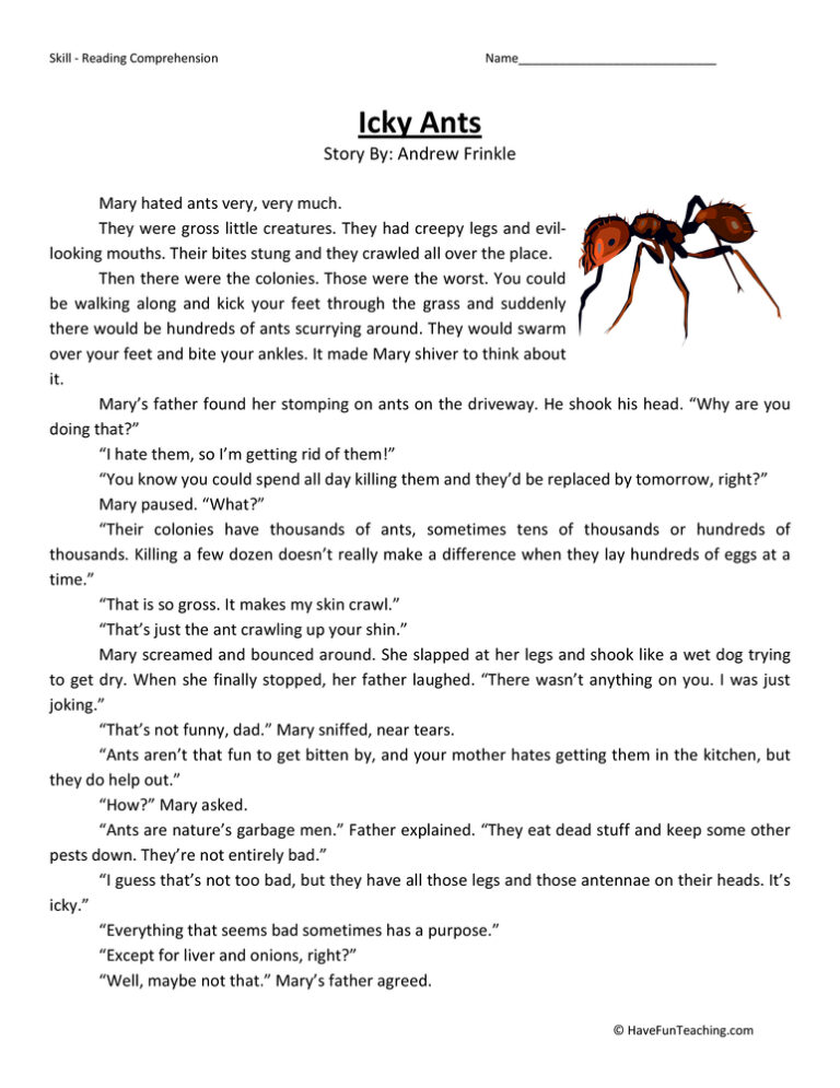 Icky Ants Reading Comprehension Worksheet
