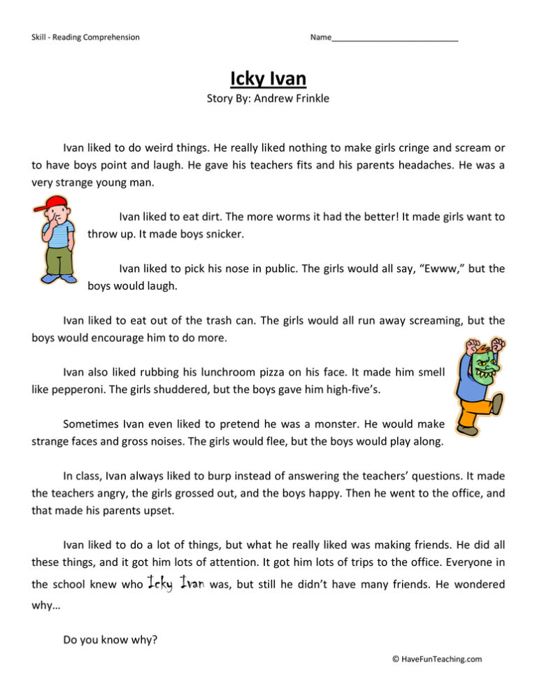 Icky Ivan Reading Comprehension Worksheet