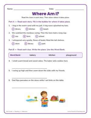 2nd grade inference worksheet, read clues to find the location
