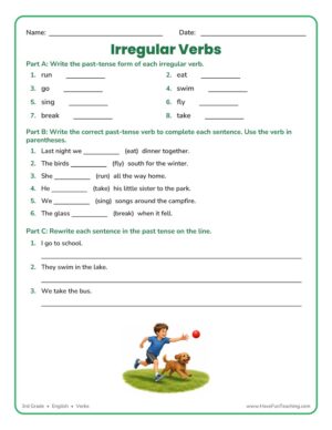 3rd grade irregular verbs worksheet with past tense practice
