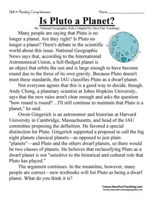 Is Pluto a Planet? Reading Comprehension Worksheet