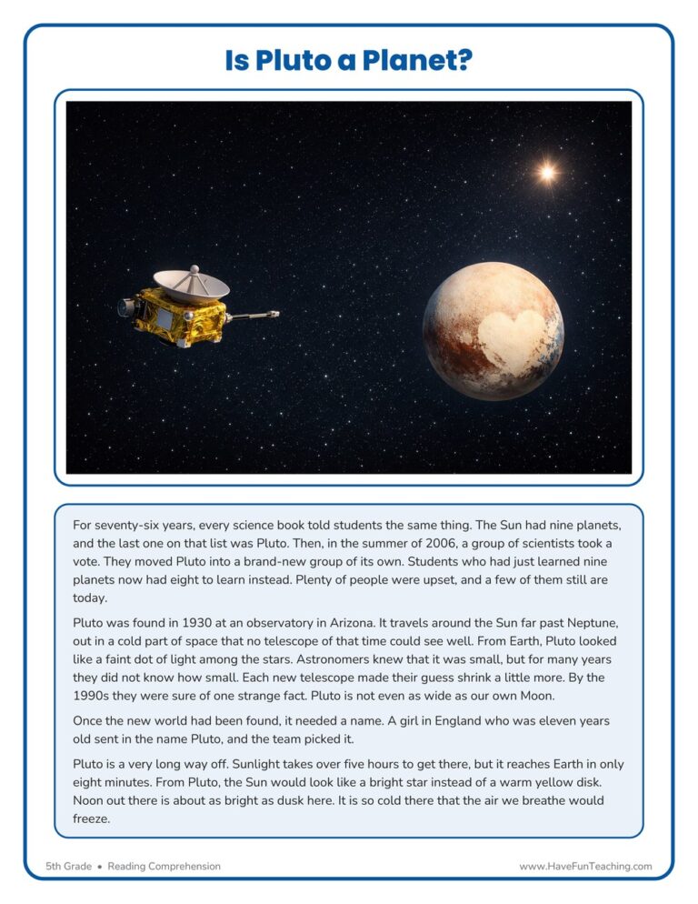 Is Pluto a Planet? Reading Comprehension Worksheet
