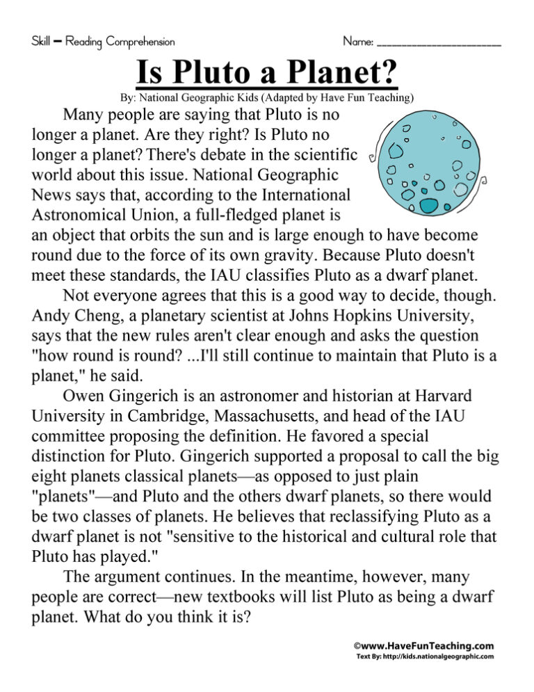 Is Pluto a Planet? Reading Comprehension Worksheet