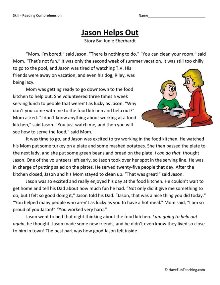 Jason Helps Out Reading Comprehension Worksheet