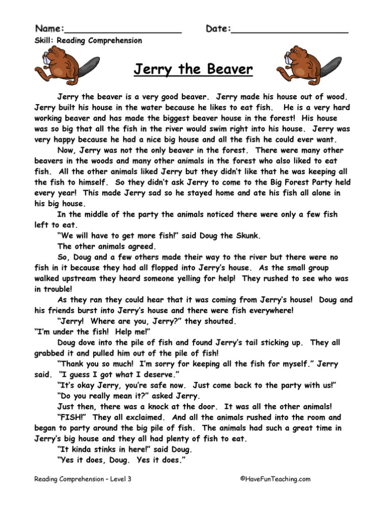 Jerry the Beaver Reading Comprehension Worksheet