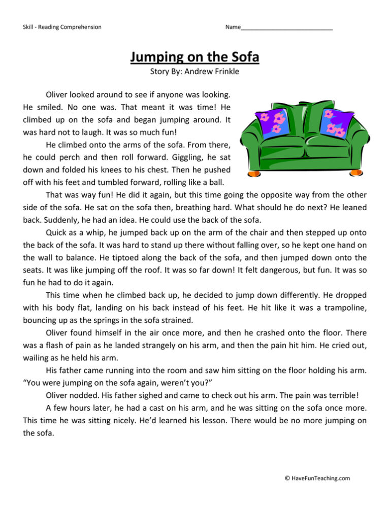 Jumping on the Sofa Reading Comprehension Worksheet