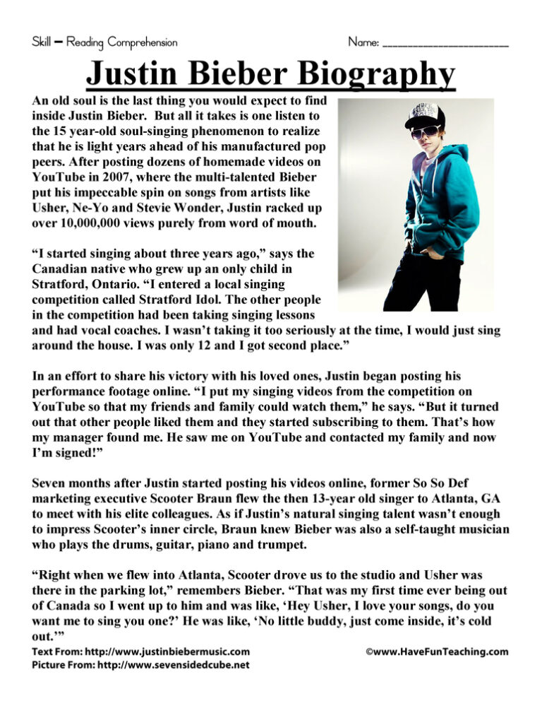 Justin Bieber Biography Reading Comprehension Worksheet