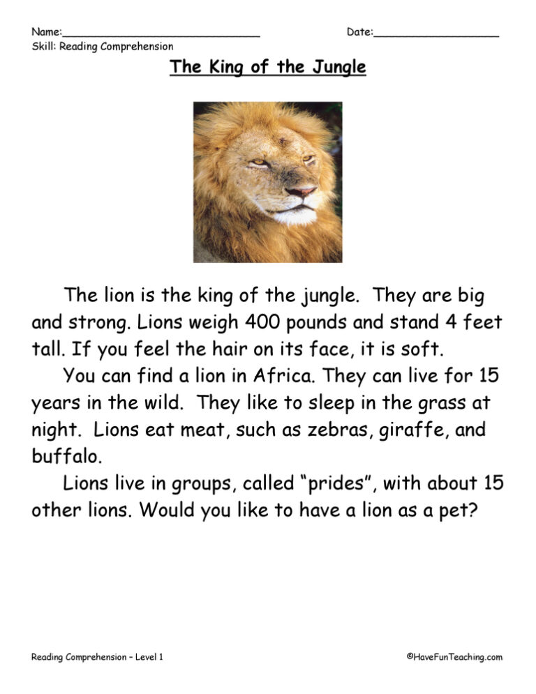 King of the Jungle Reading Comprehension Worksheet