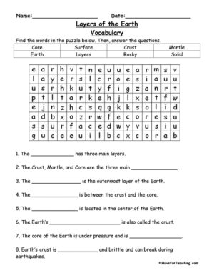 Layers of the Earth Word Search Worksheet