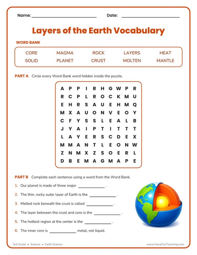 Layers of the Earth Word Search Worksheet