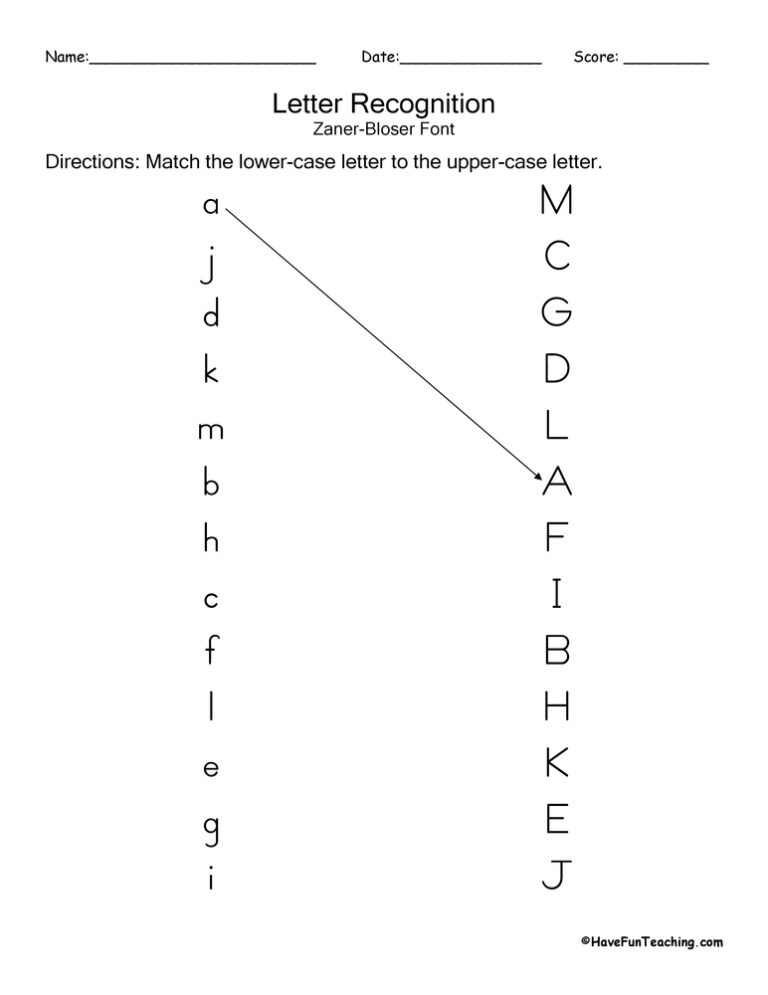 Zaner Bloser Letter Matching Recognition Test