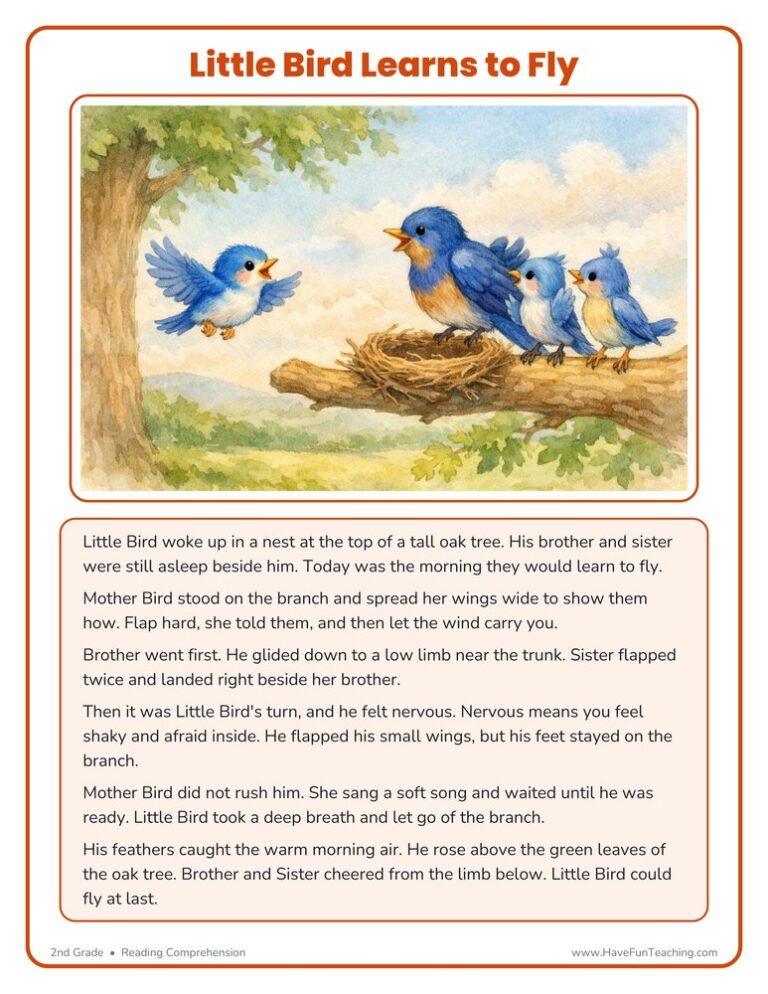 Little Bird Learns to Fly Reading Comprehension Worksheet